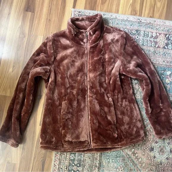 32 Degrees Heat Women's Brown Plush Faux Fur Teddy Zip-Up Jacket Size Large - Picture 2 of 7